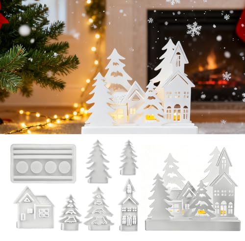 MURISE Moldes de silicona para fundición de Navidad, 7 unidades, moldes de silicona (abetos, casas de bloques) para yeso, jabón, decoración navideña