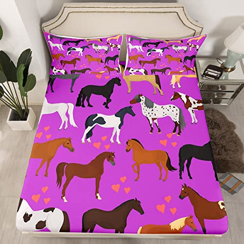 Erosebridal Girls Horse Fitted Sheet Twin Love Pattern Bed Sheets for Women Purple Farmhouse Wild West Animals Sheets Kawaii Rustic Cartoon Wildlife Bedroom Decor Bed Set