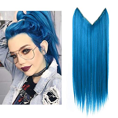 SARLA Blue Colored Hair Extension Highlight Streak Long 22"Straight Halo Secret Flip in Natural Synthetic Hair Pieces For Women Hairpiece Hidden Wire Crown Headband Heat Friendly Fiber No Clip M02Blue