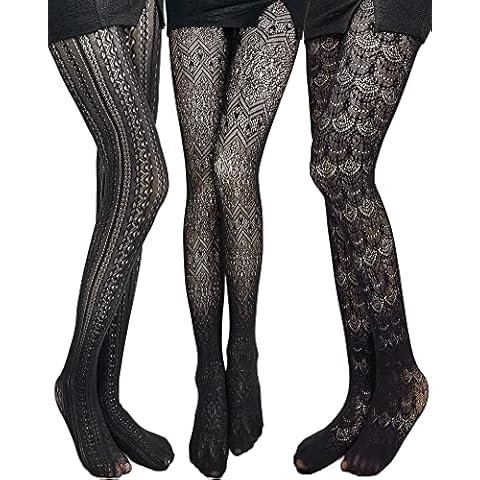 JaGely 3 Pairs Womens Fishnet Hollow Out Knitted Tights Patterned Lace Stockings Vertical Strips Pantyhose(Elegant Style) Cover