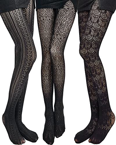 JaGely 3 Pairs Womens Fishnet Hollow Out Knitted Tights Patterned Lace Stockings Vertical Strips Pantyhose(Elegant Style)
