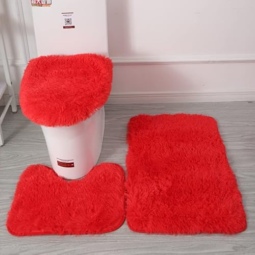 Soft Bathroom Carpet 3 Piece Bathroom Rugs and Mats Set Bath Mats Set with U-Shaped Toilet Floor Mat Rugs andToilet Lid Cover Mat (red)