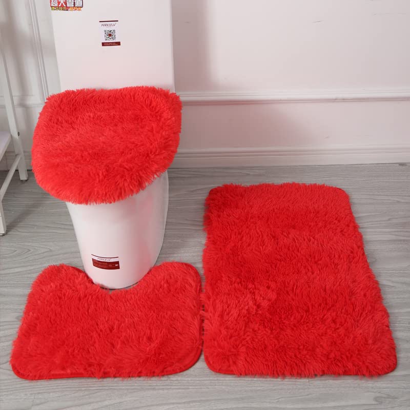 Soft Bathroom Carpet 3 Piece Bathroom Rugs and Mats Sets Non-Slip Mat Set Toilet Mat Set Bath Mats Set 3 Piece Set,with U-Shaped Toilet Floor Mat Non Slip Rugs andToilet Lid Cover Mat (red)