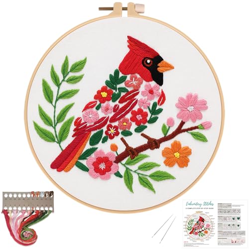 Image of Louise Maelys Cardinal Embroidery Kit, Cross Stitch Kit for Beginne | Animal Embroidery Starter Kit With Stamped Fabric, Hoop, Threads, Needles And Instructions For Adults,Easy Needlepoint
