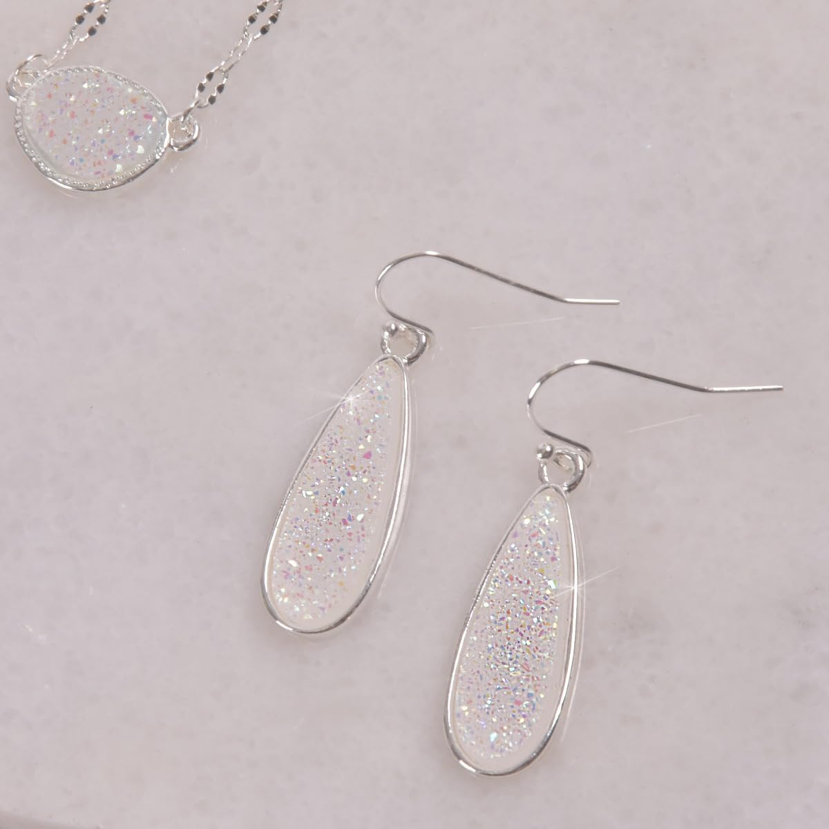 Teardrop Dangle Earrings for Women with Simulated Druzy Stones, in Gold, Rose Gold, or Silver Tone - Image 7