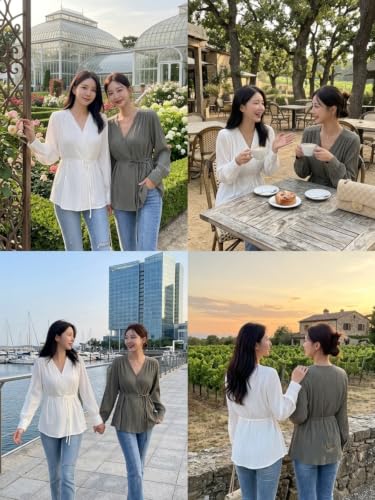 Image of Leriya Fashion Women's V-Neck Pleated Tunic Top - Long Sleeve Drawstring Waist Summer Blouse, Lightweight Casual Shirt for Office, Travel, Daily