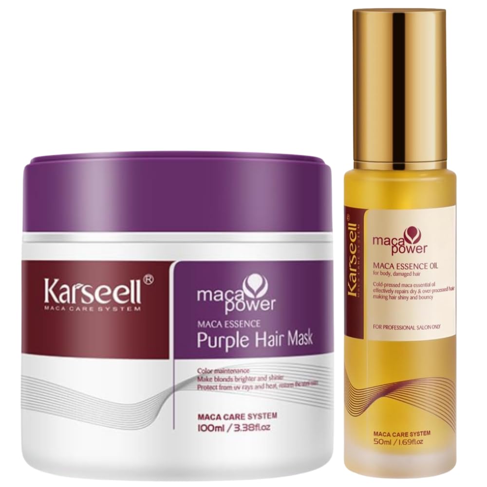 Karseell MACA CARE SYSTEM Zestaw Fioletowa Maska Antyżółta 100ml + Serum Argan Shea 50ml Nawilżające Regenerujące Przeciw Puszeniu Profesjonalne Włosy Blond Siwe Rozjaśniane Format Podróżny