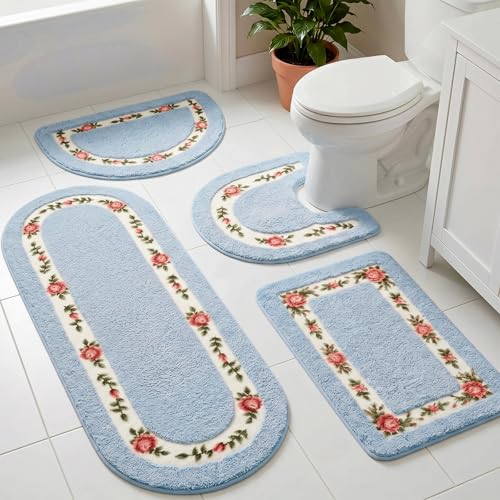 Set de 4 Tapetes Decorativos para Baño Flores Azules miniatura 1