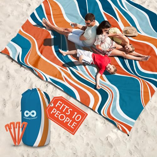 Everlasting Comfort Large Beach Blanket Waterproof & Sandproof - 128” x 108” /10.7ft x 9ft - Lightweight Picnic Mat, Camping Necessities for 10 People - Accessories for Outdoor Festivals - Orange