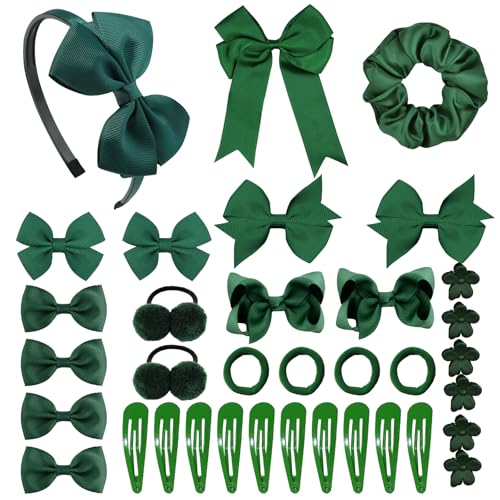35Pcs Green Hair Accessories for Girls School Headband Making Kit Hair Clips Bows Hairpins Ribbon Barrettes Ponytail Holders Elastics Hair Bands School Uniform Party Gift Set for Kids Toddlers Teens