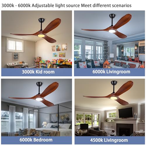 Image of 52-inch silent ceiling fan light with remote control, 3CCT, walnut finish. | 3CCT, mobile app, full memory function, for use in living rooms, dining rooms, bedrooms, offices, balconies, and outdoors.