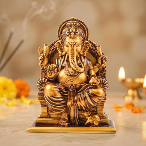 Image of Serene Blessings Lalitasana Ganesh Idol Antique Gold Finish Resin Ganpati Murti for Home Pooja Room Office and Car Dashboard God Idol Vastu Decor Spiritual Gift 2.5 Inch