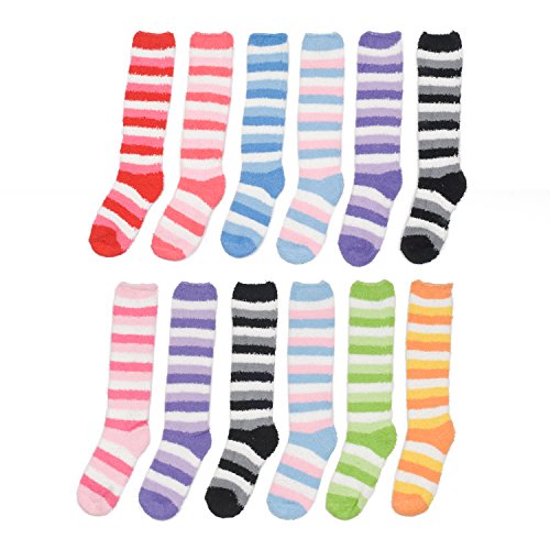 12 Pairs Knee Hi Striped Assorted Thick Fuzzy Socks