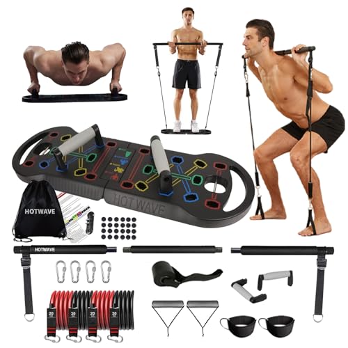 HOTWAVE Portable Exercise Equipment with 16 Gym Accessories.20 in 1 Push Up Board Fitness,Resistance Bands with Ab Roller Wheel,Pilates Bar.Strength Training for Man,Full Body Workout Machine at Home