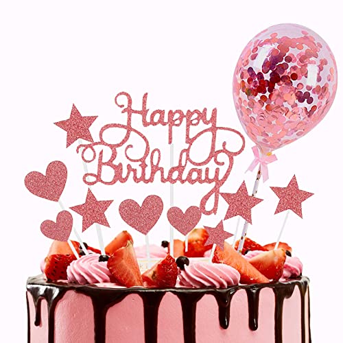 Probuk 11 Pièces Décoration Gâteau Anniversaire,Decoration Anniversaire Kit,Coeurs Gâteau Topper,Cupcake Topper Décoration,Confettis Ballon pour Enfant et Adulte Fête Anniversaire(Rose Or) Cover