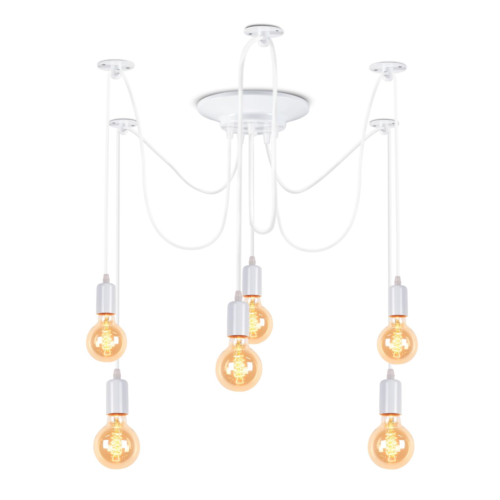 iDEGU Modern and Retro Pendant Light, 6 Arms DIY Spider Chandelier Creative Adjustable 150CM Vintage Ceiling Pendant Lamp Fixture with E27 Socket, White (6 Lights)