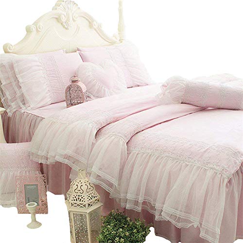 ABREEZE Pink Girl Bed Set 100% Cotton Princess Ruffled Lace Duvet Cover Sets (Duvet Cover+Bed Skirt+Pillow Cases) Queen
