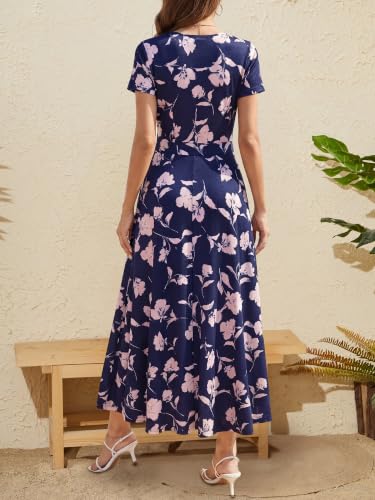Image of HUHOT Women's Short Sleeve Wrap V Neck Dresses for Wedding Guest Summer Floral Maxi Sundresses with Pockets Boho Dress