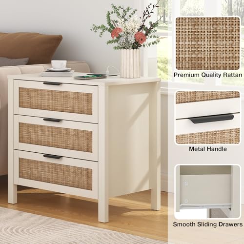 HOMMPA Rattan Night Stand with Charger Station Set of 2, 26'' Wide Boho Nightstand with 3 Drawer, Modern Bedside Table with Plug, Bed Side End Table Dresser with Open Shelf for Bedroom, Beige - image 4