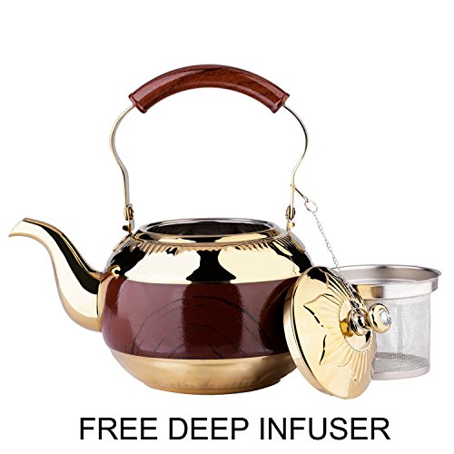 2 Liter Teapot Gold Pot with Infuser for Loose Tea Stainless Steel Coffee Kettle 8 Cup Induction Stovetop Tea Pot Strainer Office Hot Water Mirror Finish 68 Ounce by Onlycooker - Thumbnail 5