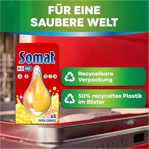 Somat 5in1 Geschirrspüler Deo Zitrone & Orange (bis zu 65 Spülgänge), Spülmaschinen Deo zur Geruchsneutralisierung für hygienische Frische und einen lebensmittelsicheren Geschirrspüler Duft 5