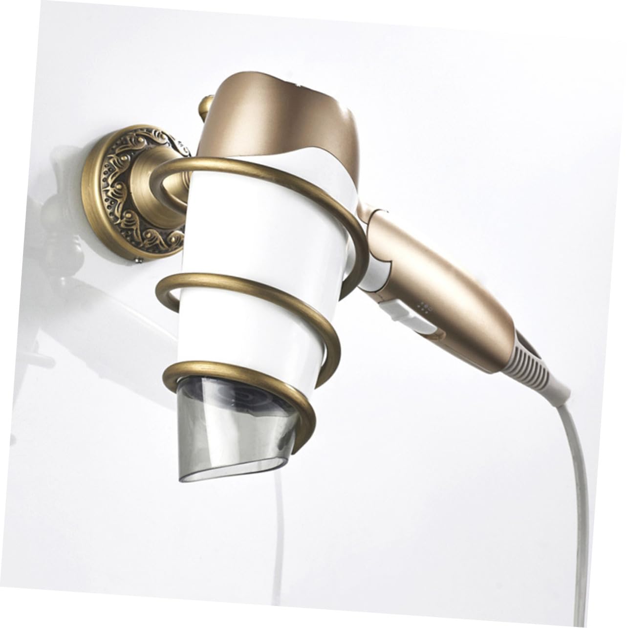 Soporte para Secador de Pelo en Espiral de Pared de Cobre Dorado, Fácil de Instalar, Adecuado para Baño y Peluquería