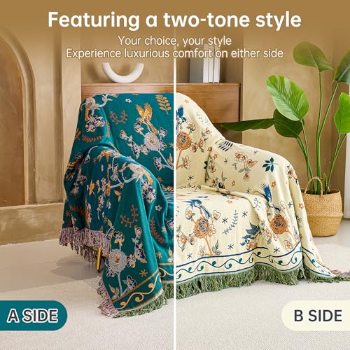 Image of VANJOROY Boho 100% Cotton Large Throw Blanket - All Season Rustic Ultra Soft Breathable Floral Bird Blanket for Bed Sofa Couch Chair Bedspread Quilt Gift, 80 inch x 90 inch-Teal /Beige
