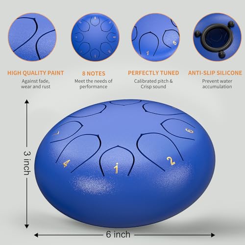 Image of Rain Drum for Outside Garden, 6 Inches 8 Notes Steel Tongue Chakra Drums, Waterproof Meditation Echo Rain Chime, Musical Instruments for Adult Gift with Bag, Music Book (Dark Blue)