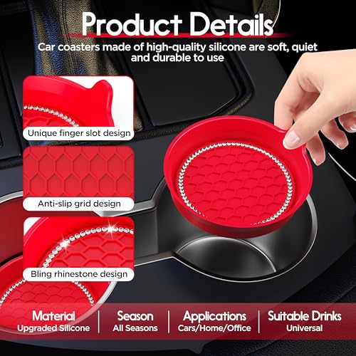 Image of Amooca 4-Pack Car Cup Holder Coaster Bling Crystal Rhinestone Car Interior | Universal Fit Most Car SUV Truck, Non-Slip Silicone, Spill-Proof Deep Cup Shape, Heat Resistant, Sparkly Decor, Red