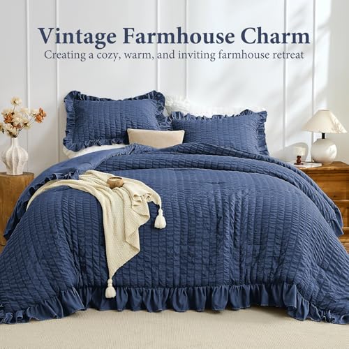 Image of JOLLYVOGUE Oversized King Comforter Set, 3 Pieces Navy Blue Seersucker Comforters, Lightweight & Fluffy Bedding Sets for All Season with 1 Ruffle Comforter and 2 Ruffle Pillowshams