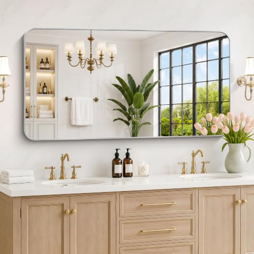 Image of DESBING 55 inchx30 inch Bathroom Mirror for Over Sink, Silver Framed Wall Mirror | High-Definition Shatterproof Vanity Mirror with Rounded Corner for Bedroom Living Room Entryway Horizontally or Vertically