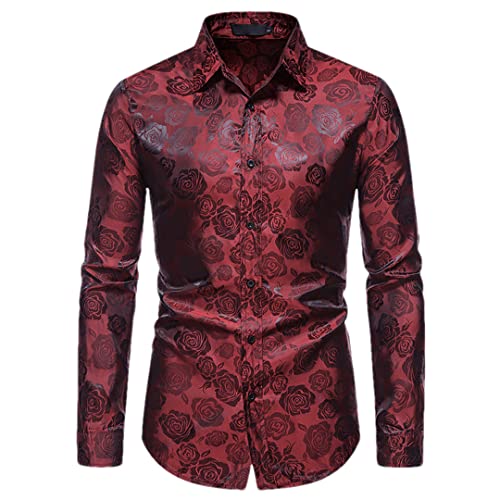 Chemise bordeaux XL pour homme à motif floral imprimé rose