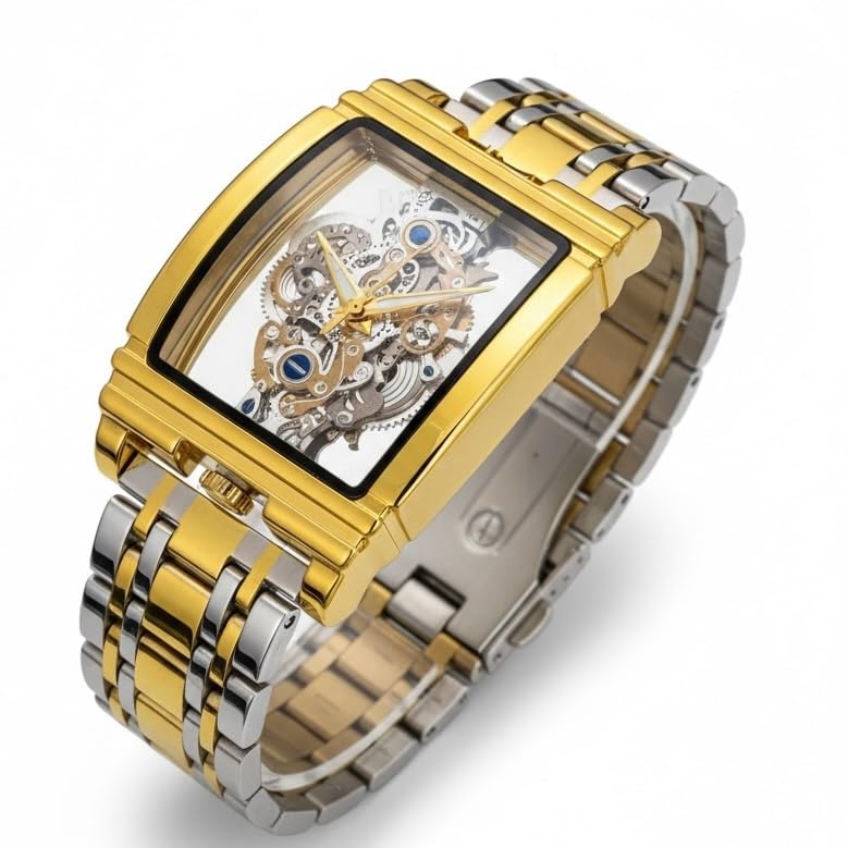 Image of ODXO Luxury Skeleton Mechanical Style Look Watch | Gold-Tone Stainless Steel Band, Transparent Dial Display | cronoworking Stainless Steel Luxury Men's Fashion Gents Watch Open dail |