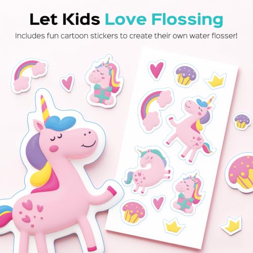 Image of COSLUS T40 Portable Water Flosser for Kids, Compact Mini Design for Ages 6+ | 4 Gentle Modes for Braces & Sensitive Teeth, Fun DIY Stickers, 4 Storable Nozzles, Home School & Travel, IPX7, BPA-Free, Pink