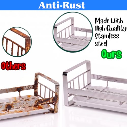 Image of Large Stainless Steel Sink Organizer for Kitchen Basin | Stainless Steel & Washroom Organizer with Drain Tray | Wall Mounted Soap Stand & Sponge Holder | Kitchen Sink Rack | Silver