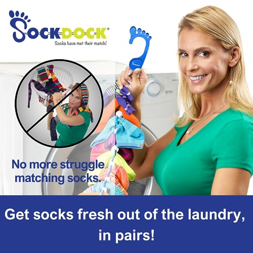 SockDock 2 Pack Sock Laundry Tool, Organizer, Easy Clips & Locks Paired Socks without Ties, Bags or Dividers (Dark Blue)