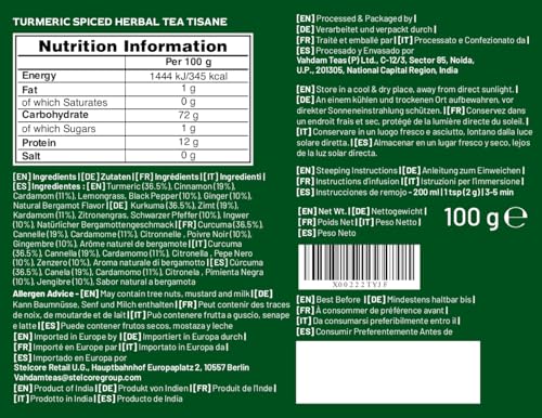 Image of VAHDAM, Turmeric Spice Herbal Tea (50+ Cups, 3.5 oz) Caffeine Free, Non GMO, Gluten Free | 100% Pure Herbal Tisane - Savory & Spicy | Whole Loose-Leaf, Vacuum Sealed for Freshness