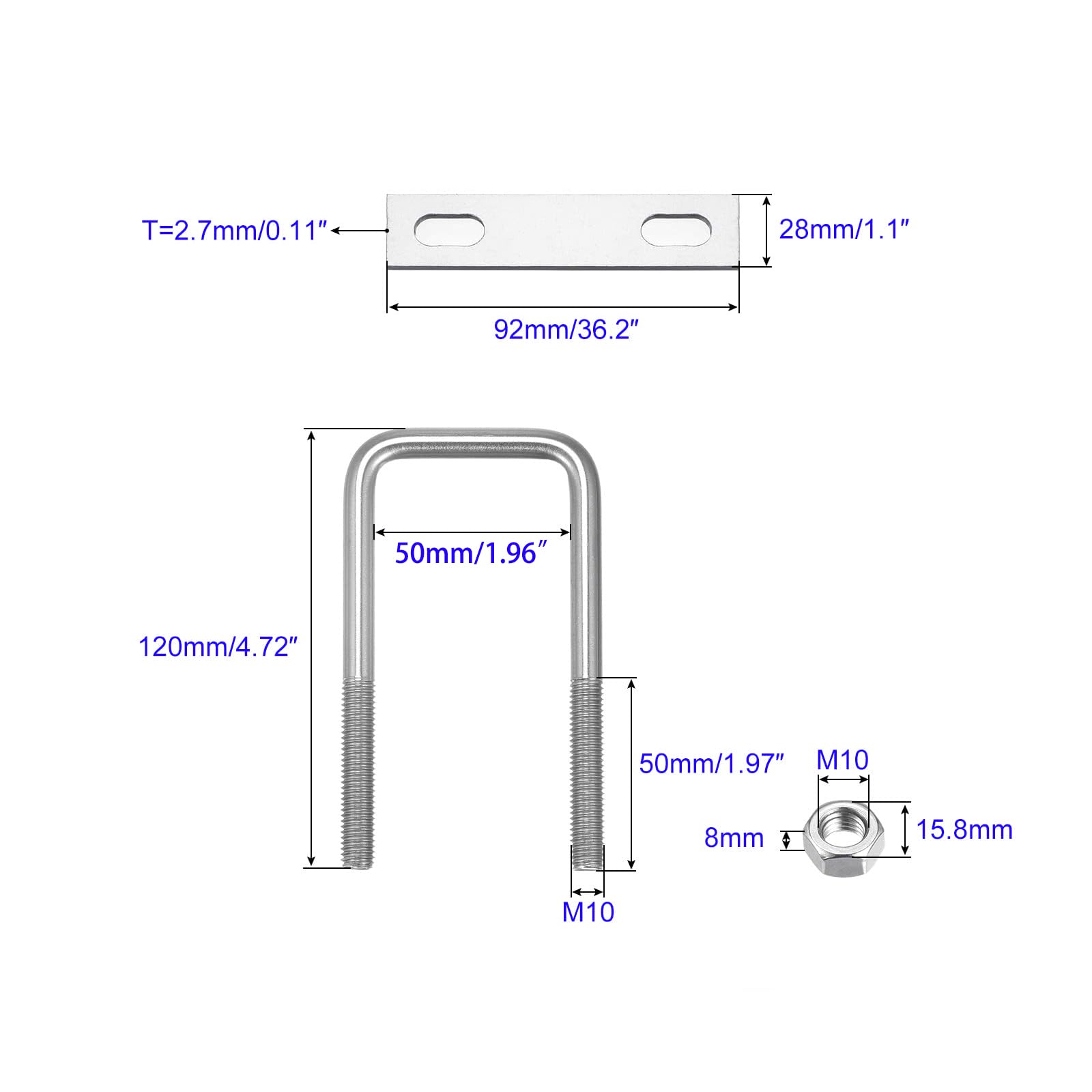 MACHSWON Square U-Bolt,3 Set 304 Stainless Steel M10 U Bolts 50mm(2.05") Inner Width 120mm Length with Nuts and Frame Plate for Automobiles Boat Trailer - Image 2