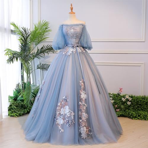Girls' Lace Up Puffy Ball Quinceanera Dress Sweet 15 Birthday Party Gala Pageant Gown Appliques Tulle Blue2