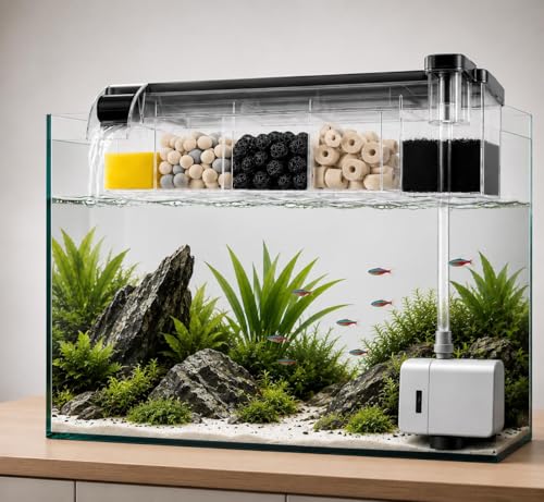 Image of rizopets Multi Section bio top Filter watt 6-3-Chamber Aquarium Filter System with Mechanical, Chemical and Biological Filtration, Hanging Filter for Fish Tank watt 6 (BL-774)