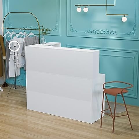 LEADZM Reception Desk, L Shaped Standing Front Desk Reception with Counter, Lockable Drawers & Adjustable Shelf for Salon Office, White(55.9" W x 18.9" D x 48" H) Cover