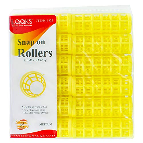 Snap On Hair Rollers Curler Wave Set Large Jumbo Medium Small Size Salon Quality (MEDIUM - YELLOW - 12 PCS)