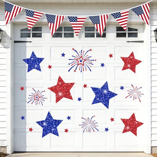 JarThenaAMCS 24Pcs Patriotic Garage Door Magnets Blue Red Star Fireworks Magnetic Refrigerator Stickers for 4th of July Independence Day Home Party Decoration
