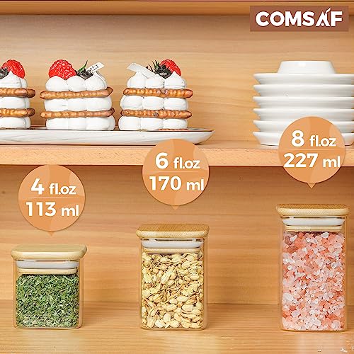 Comsaf 12Pcs Glass Spice Jars With Bamboo Lid, 8Oz Airtight Square Containers With 275 Black Lables, Empty Seasoning Jars For Spice Salt Sugar #TOP2