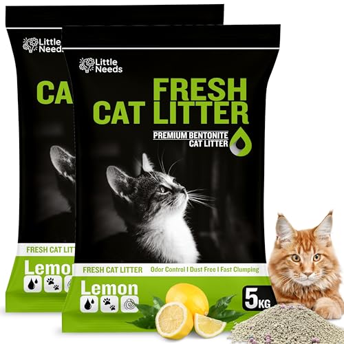 Image of Premium Bentonite Cat Litter Sand - 10kg | (5kg x 2 Packs) with Lemon Fragrance | Low-Dust, Strong Odour Control, Instant Clumping Litter for Cats & Kittens