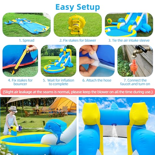 TOAOB Inflatable Water Slide: 4 in 1 Bounce House Water Park Dolphin Style for Kids - Climbing Wall Splash Pool Water Cannon - 370W Blower - Wet & Dry Indoor Outdoor Backyard Birthday Party