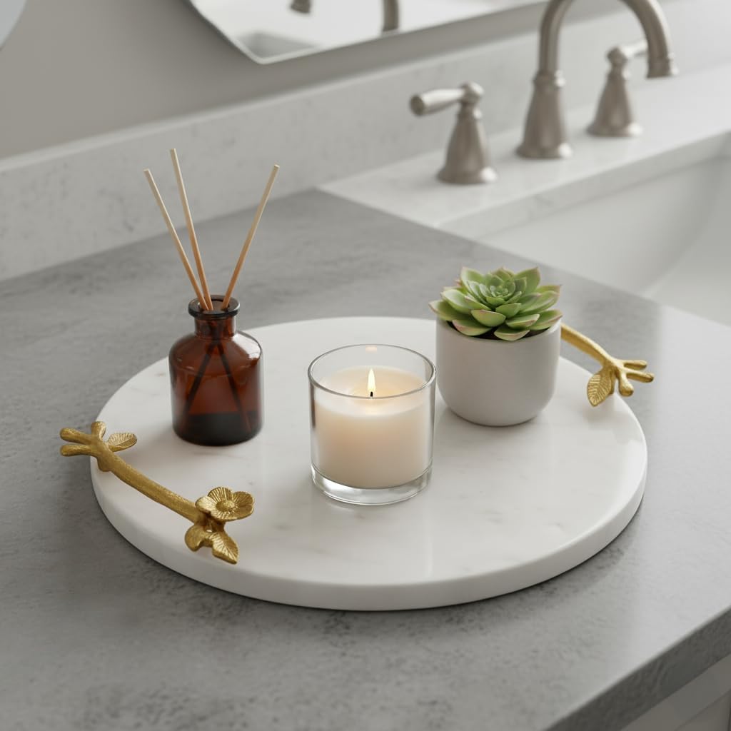 Natural Marble Tray with Golden Branch Handles - Kitchen Countertop Decor, Stone Tray for Bathroom Organizer, Marble Decor for Modern Living Rooms