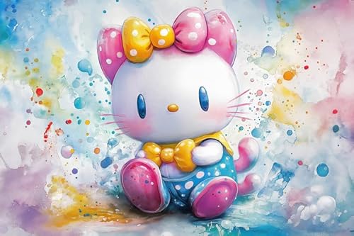 Hello Cute Pink Bow Kitty Poster 24x36 Watercolor Wall Art