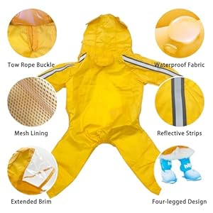 Waterproof Dog Raincoat, Adjustable 4-Legged Dog Rain Jacket with Hood and Leash Hole Reflective Lightweight Outdoor Rain Poncho Gear for Dog Suitable for Small and Medium Dogs(Yellow-XX-Large)