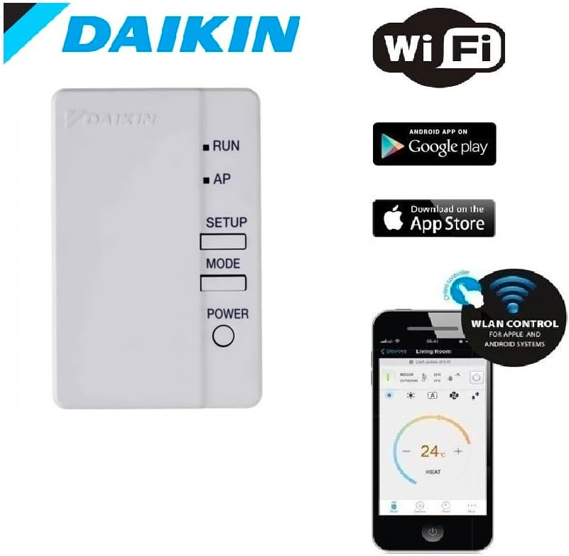 Unitat de controlador Wi-Fi de Daikin al costat d'un telèfon intel·ligent que mostra la interfície de l'aplicació de control Daikin, que mostra la configuració de temperatura i mode.